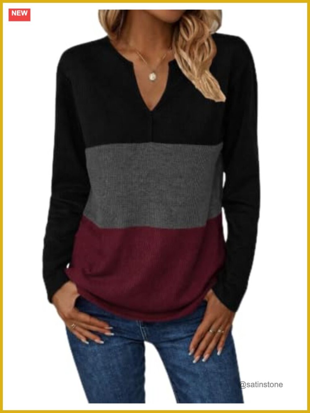 Waffle Knit Long Sleeve V Neck Tunic Top Color Block Casual Pullover